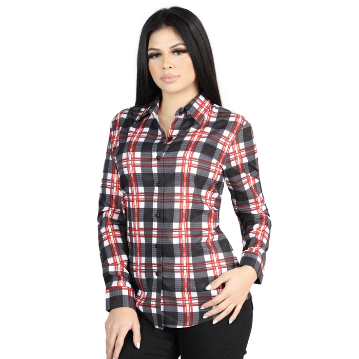 Front view of El General Women's White and Red plaid Western button-down shirt