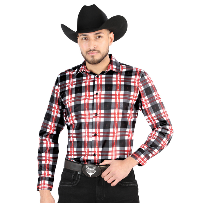 Front view of El General Men's White and Red plaid Western button-down shirt