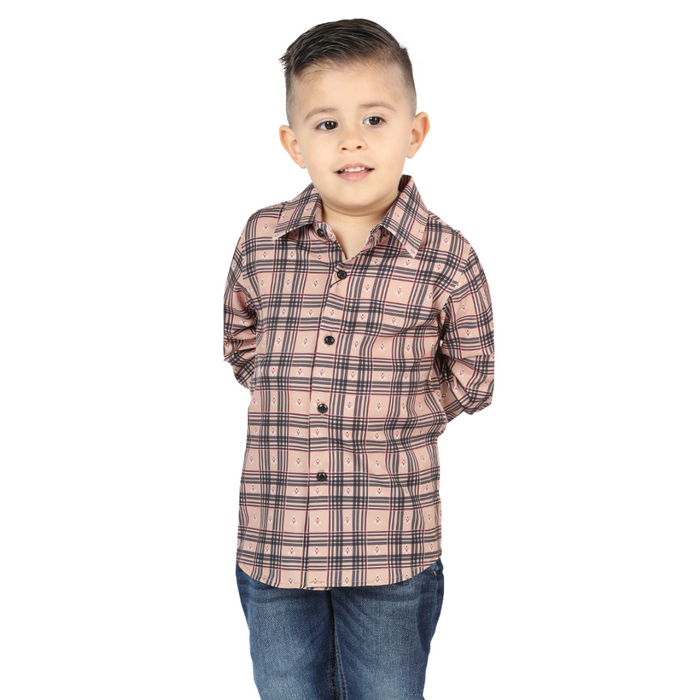 Front view of El General kids’ Beige and Black plaid Western button-down shirt on young boy