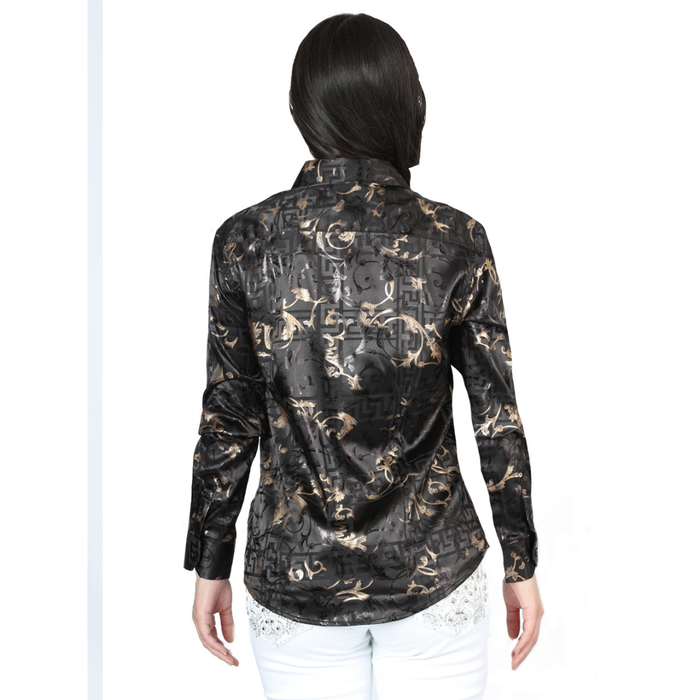El General women’s red metallic floral Western tie-front shirt – back view