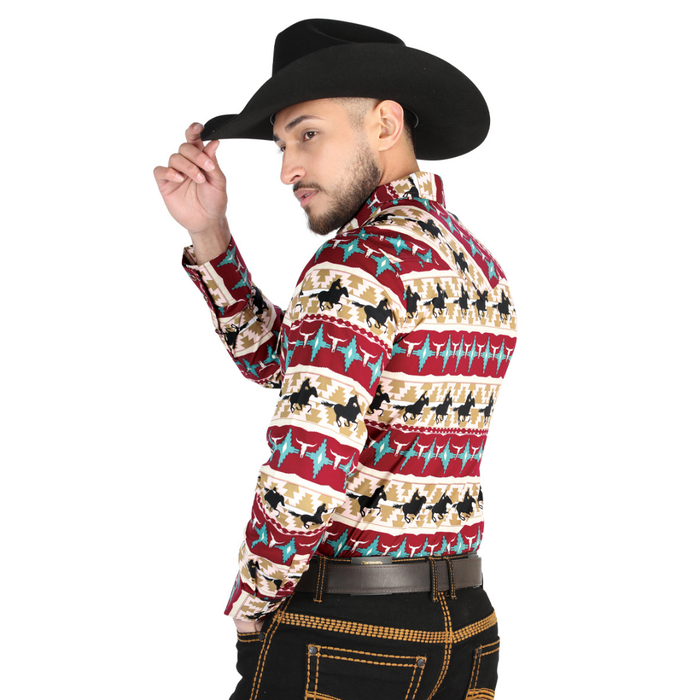 El General long-sleeve Western shirt with Aztec and horse print pattern.