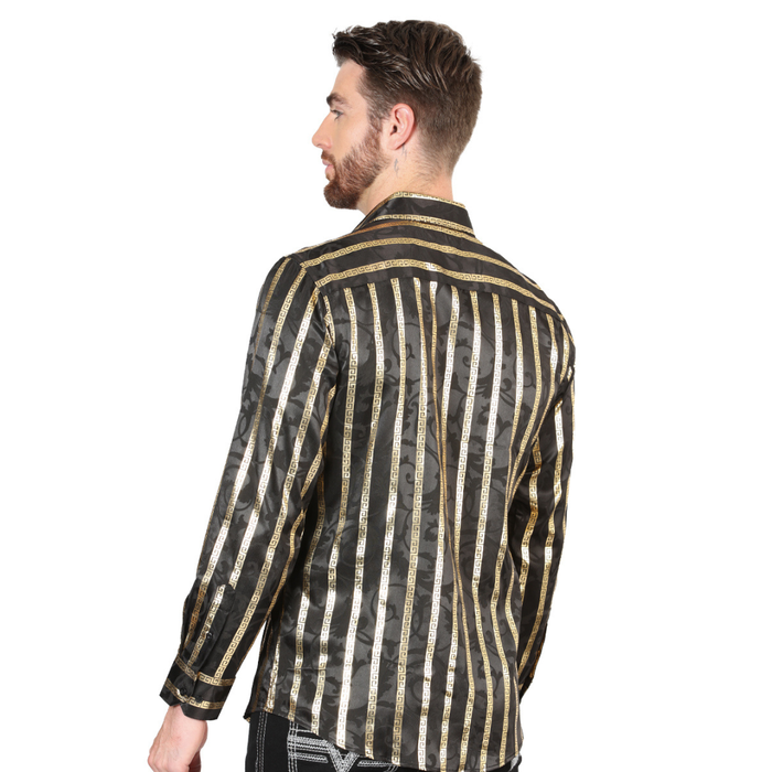 El General men’s metallic black and gold striped Western shirt – back view