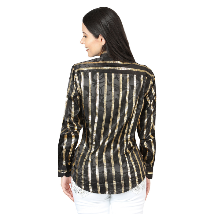 El General women’s black metallic floral Western tie-front shirt – back view