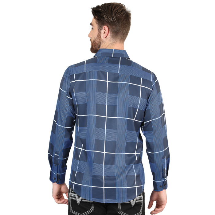 El General Men’s Blue & White Windowpane Long Sleeve Western Shirt- back view