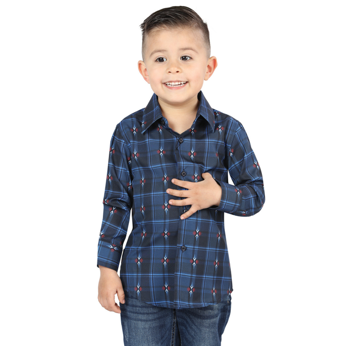 Front view of El General kids’  Blue and Black plaid Western button-down shirt on young boy