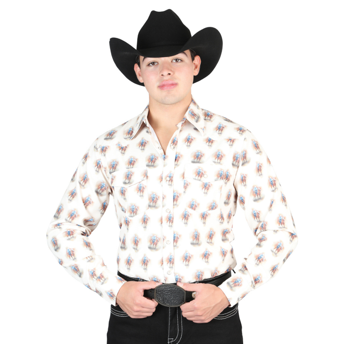 Model wearing El General men’s cream bronc rider print long sleeve Western shirt with