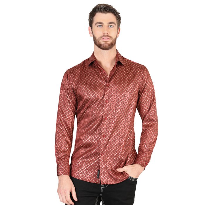 El General Men’s Burgundy Metallic Diamond Print Western Shirt – front view