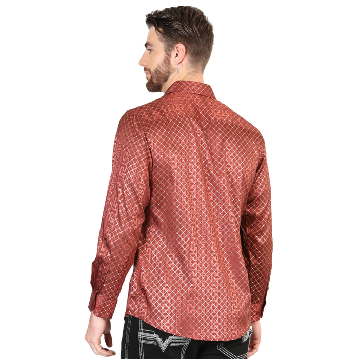 El General Men’s Burgundy Metallic Diamond Print Western Shirt – back view