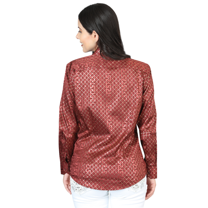 El General women’s burgundy and gold metallic striped Western tie-front shirt – front view
