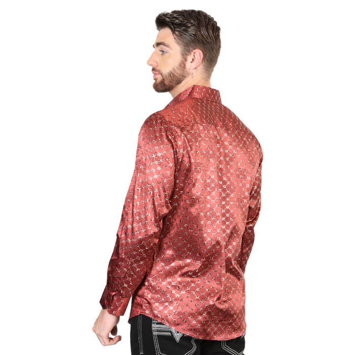 El General men’s metallic burgundy and gold striped Western shirt – back view