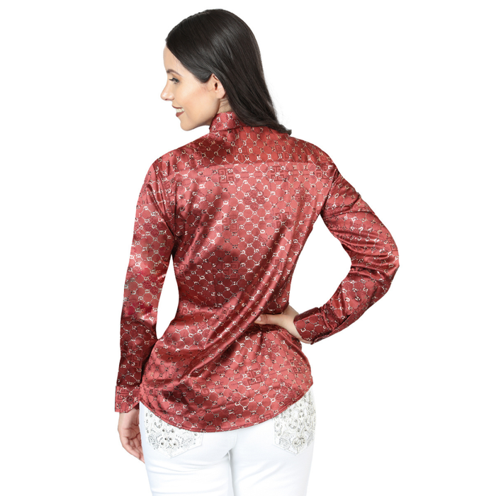 El General women’s burgundy and gold metallic geometric Western tie-front shirt – back view