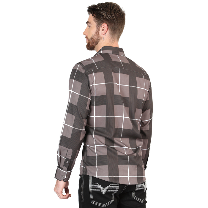 El General Men’s Gray Multicolor Stripe & Plaid Western Shirt- back view