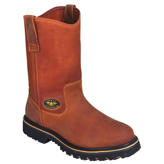 Brown work boot with a visible brand logo