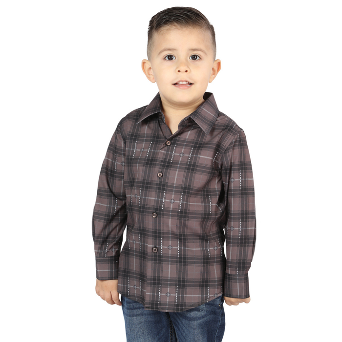 Front view of El General kids’  Mocha and Olive plaid Western button-down shirt on young boy
