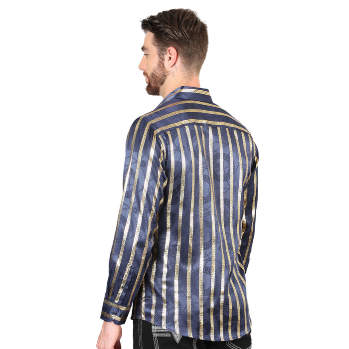El General men’s metallic navy and gold striped Western shirt – back view