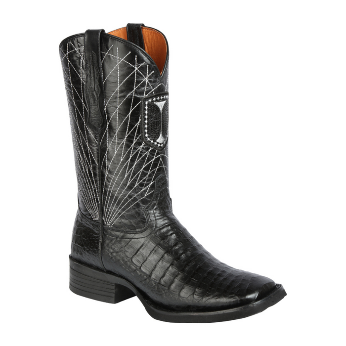 Black cowboy boot with decorative patterns