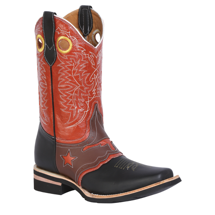 Western Cowboy boot with orange shaft, black toe cap, and stitching, square toe and pull up holes
