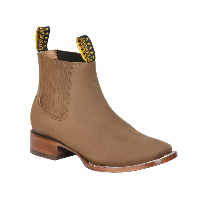 Brown Chelsea boot with yellow stitching