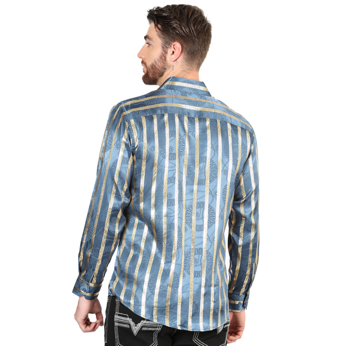 El General men’s metallic Teal and gold striped Western shirt – back view
