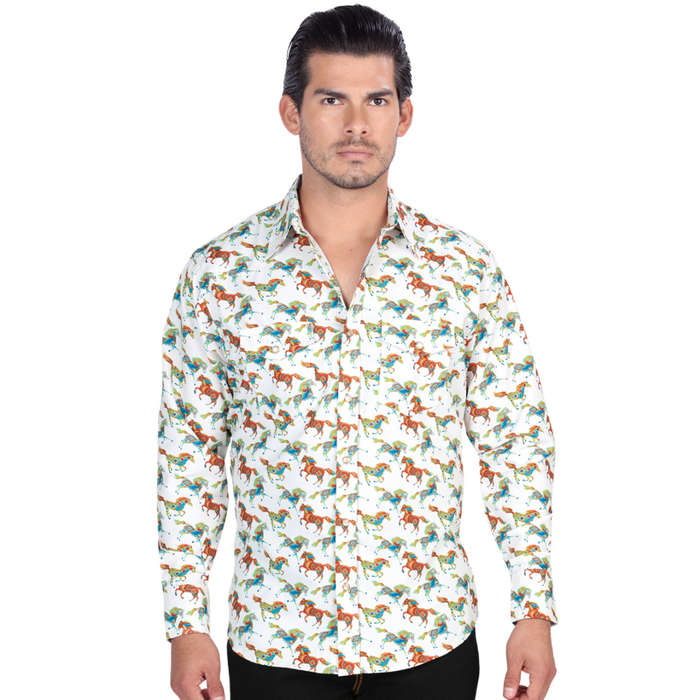 Model wearing El General men’s white with multicolor horse print long sleeve Western shirt