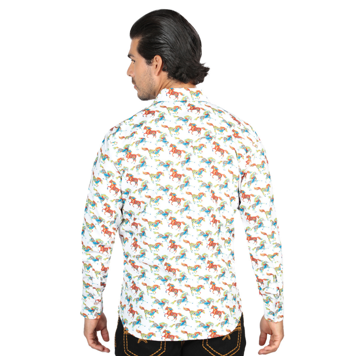 Model wearing El General men’s white with multicolor horse print long sleeve Western shirt- back view