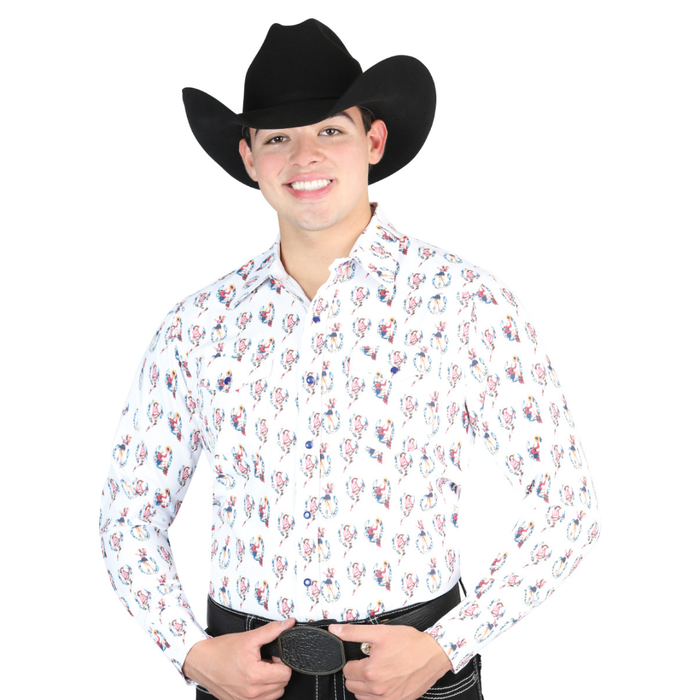 Model wearing El General men’s white multicolor Southwestern print long sleeve Western shirt