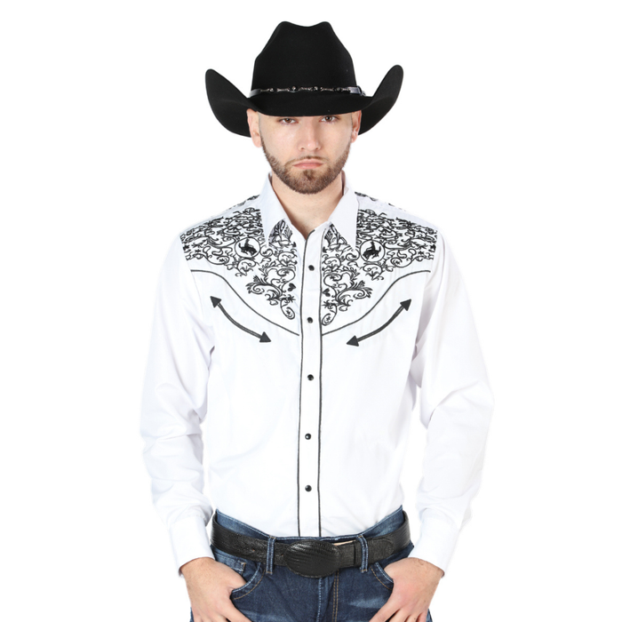 El General men’s white Western shirt with black embroidered yoke front view