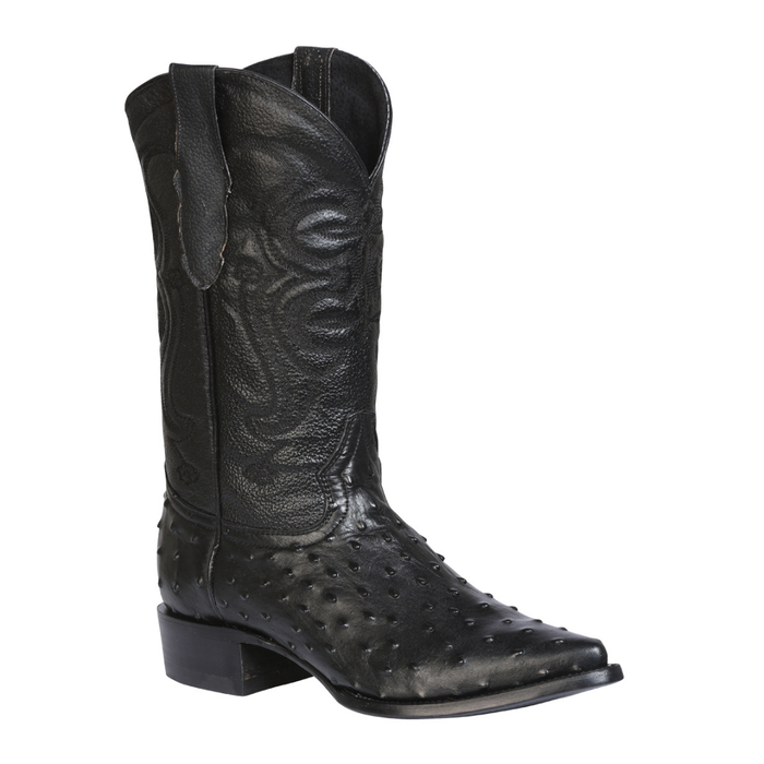 cowboy boot with exotic ostrich texture, pointed toe, and intricate shaft stitching – luxury western boot handcrafted from genuine leather.