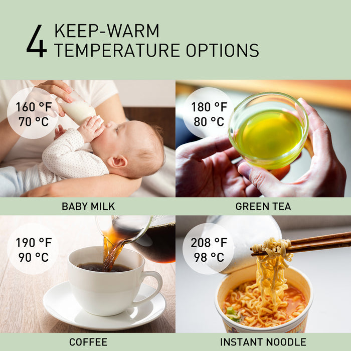 Four Keep Warm Temperature Options 160-degree F, 70-degree C Baby Milk; 180-degree F, 80-degree C Green Tea;  190-degree F, 90-degree C, Coffee; 208-degree F, 98-degree C instant noodle