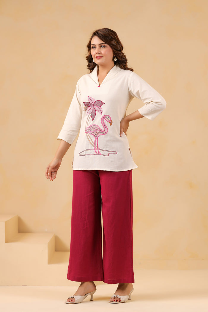 Elegant Off-Wite Flamingo Cotton Flex Embroidered Palazzo Co-ord Set