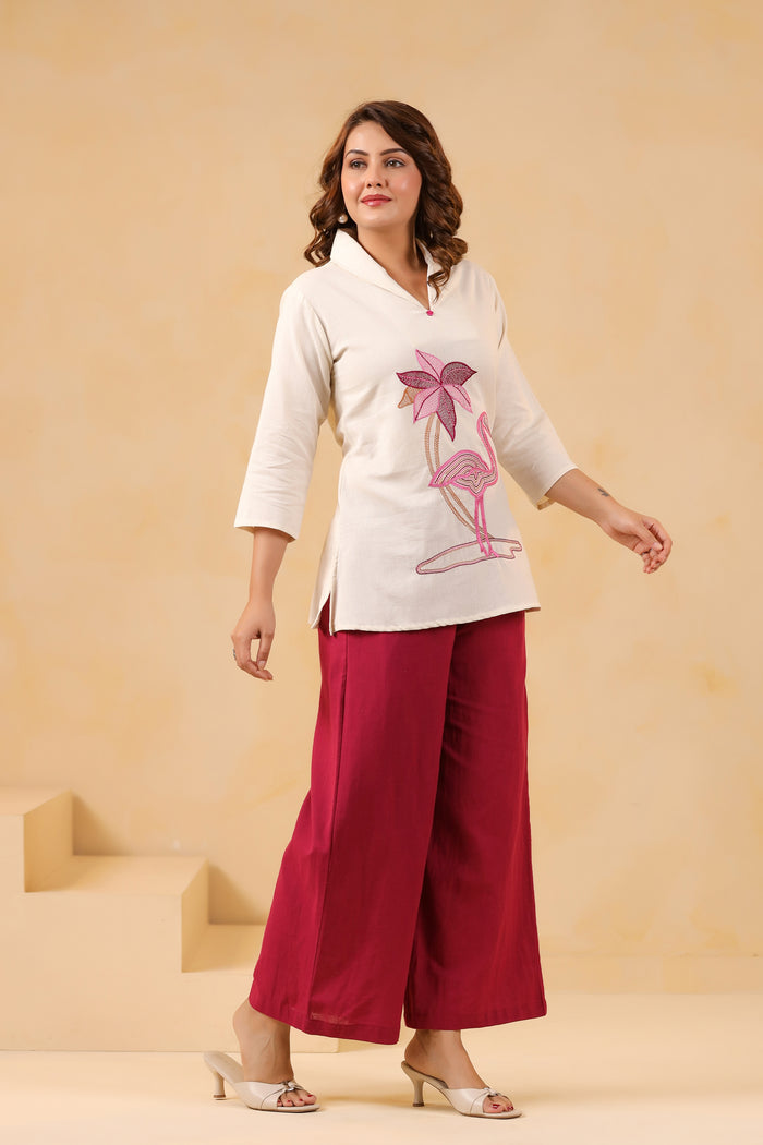 Elegant Off-Wite Flamingo Cotton Flex Embroidered Palazzo Co-ord Set