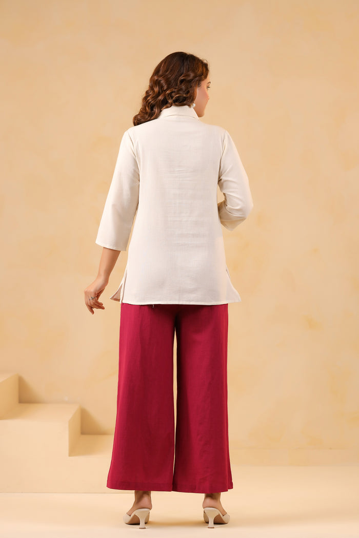 Elegant Off-Wite Flamingo Cotton Flex Embroidered Palazzo Co-ord Set
