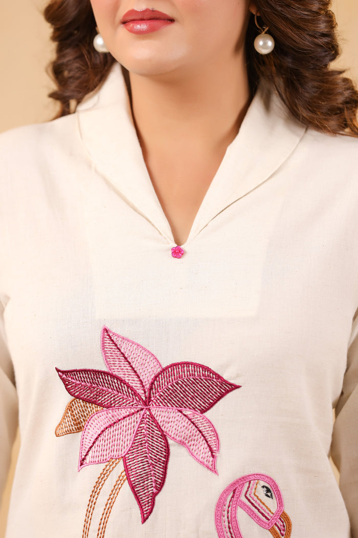 Elegant Off-Wite Flamingo Cotton Flex Embroidered Palazzo Co-ord Set
