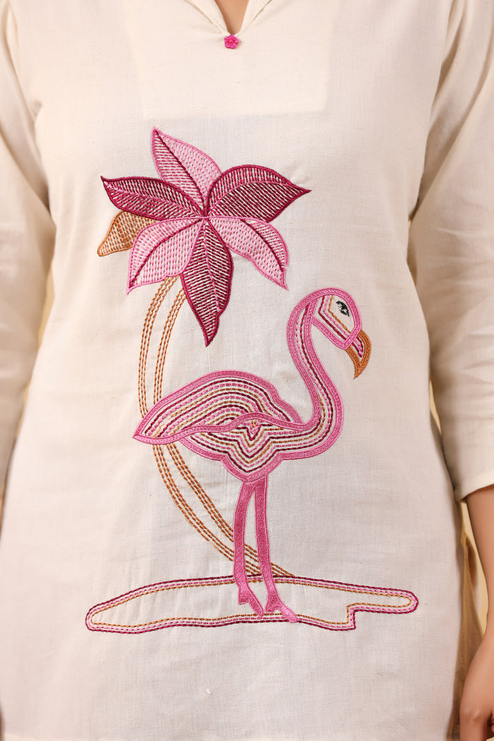 Elegant Off-Wite Flamingo Cotton Flex Embroidered Palazzo Co-ord Set
