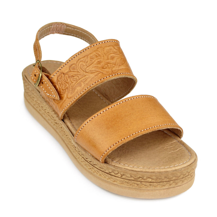 Women’s  leather Mexican platform sandals with embossed floral design, adjustable ankle strap and natural tan sole