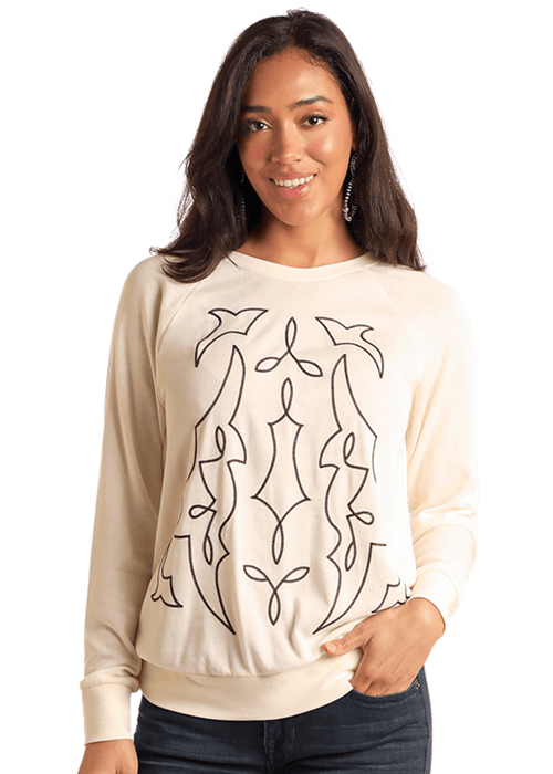 Woman in cream-colored sweatshirt with black design - LW91T05183