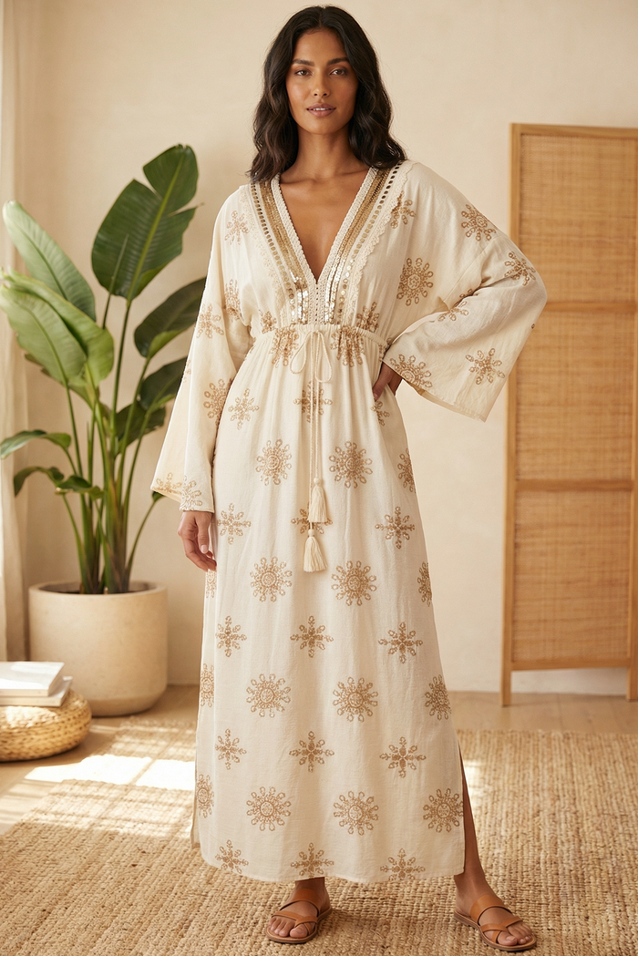 Embroidered V Neck Drawstring Maxi Dress