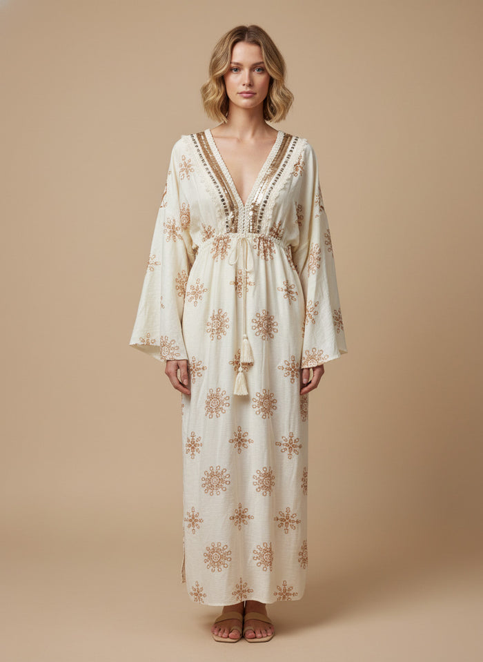 Embroidered V Neck Drawstring Maxi Dress