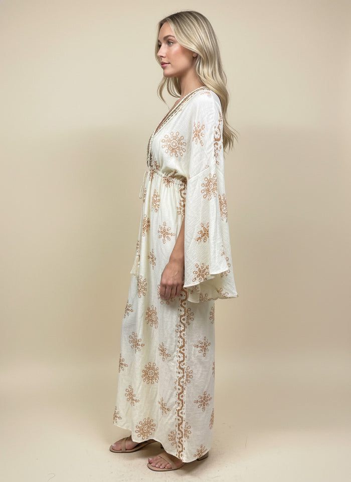 Embroidered V Neck Drawstring Maxi Dress