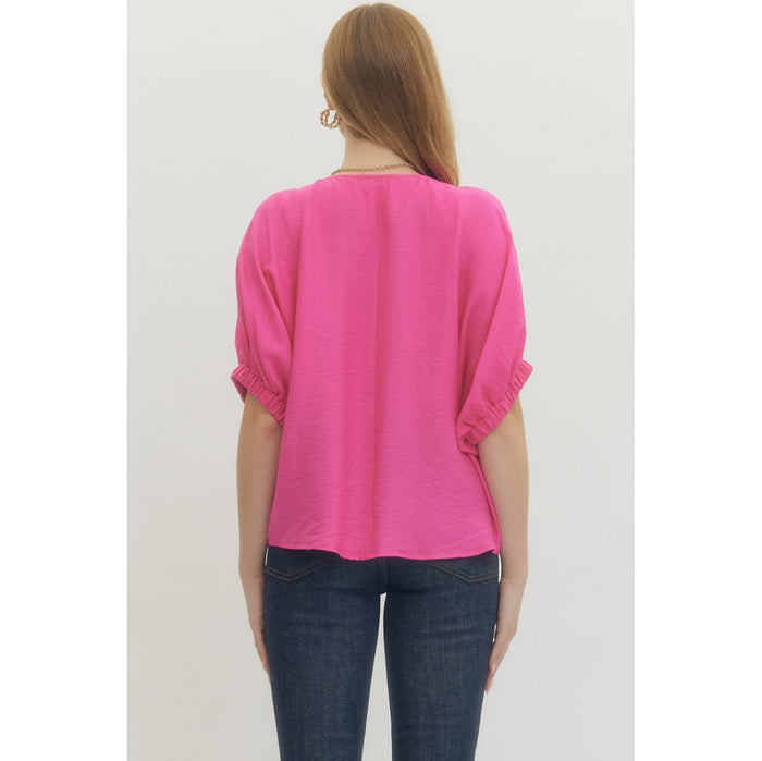 ENTRO -  V-Neck, Dolman Top w Trenza Detail 6938 - Pink