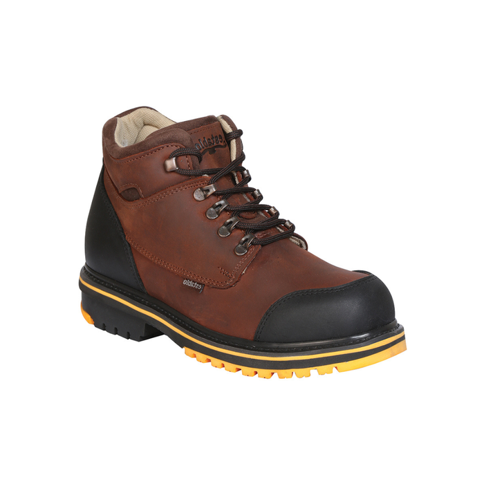 Brown and black boot with yellow sole