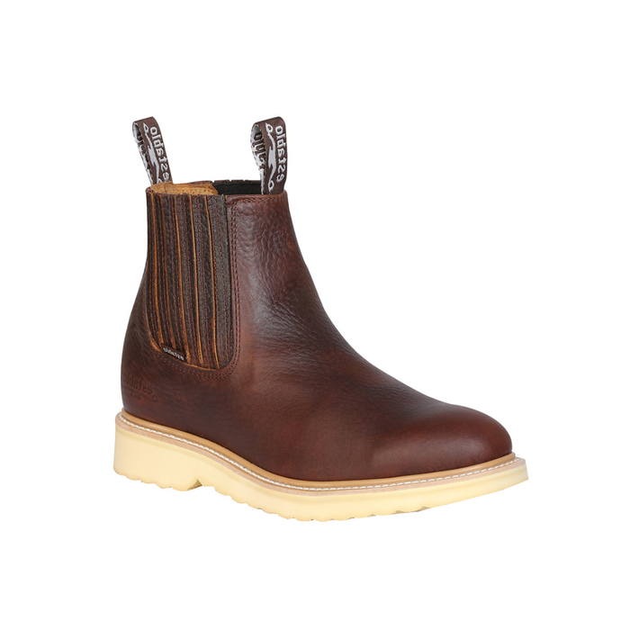 Brown leather boot with a white sole on a white background