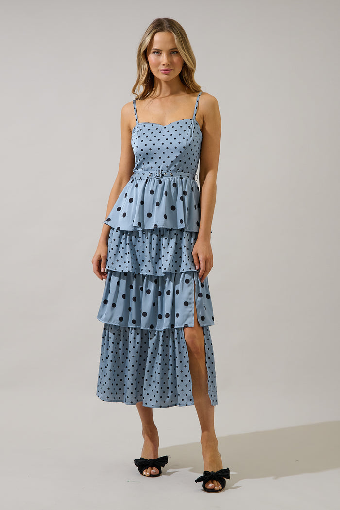 Evelia Polka Dot Tiered Midi Dress