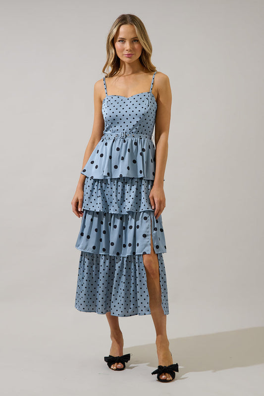 Evelia Polka Dot Tiered Midi Dress