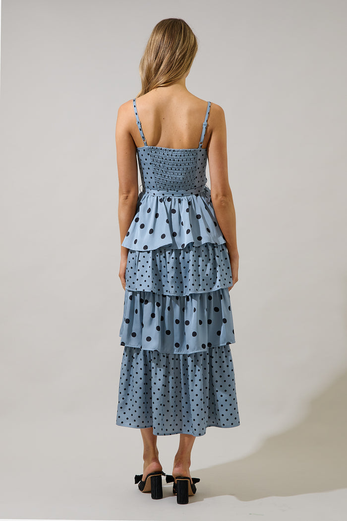 Evelia Polka Dot Tiered Midi Dress