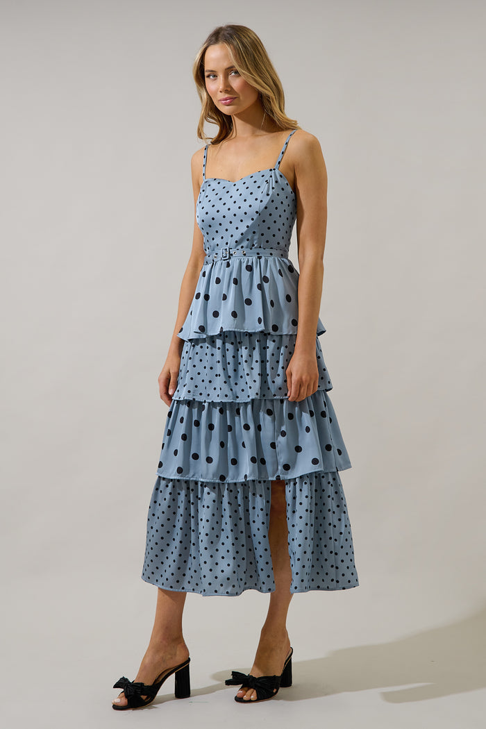 Evelia Polka Dot Tiered Midi Dress