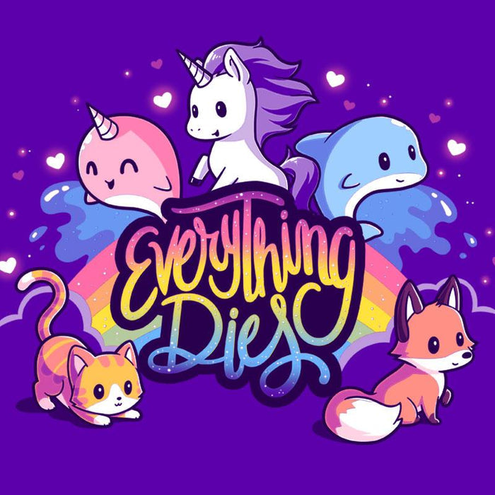 Premium Cotton T-shirt_TeeTurtle purple Everything Dies apparel featuring a rainbow with animals and mythical creatures, text reads "Everything Dies".