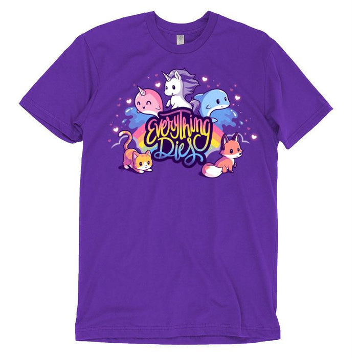 Premium Cotton T-shirt_TeeTurtle purple Everything Dies apparel featuring a rainbow with animals and mythical creatures, text reads "Everything Dies".