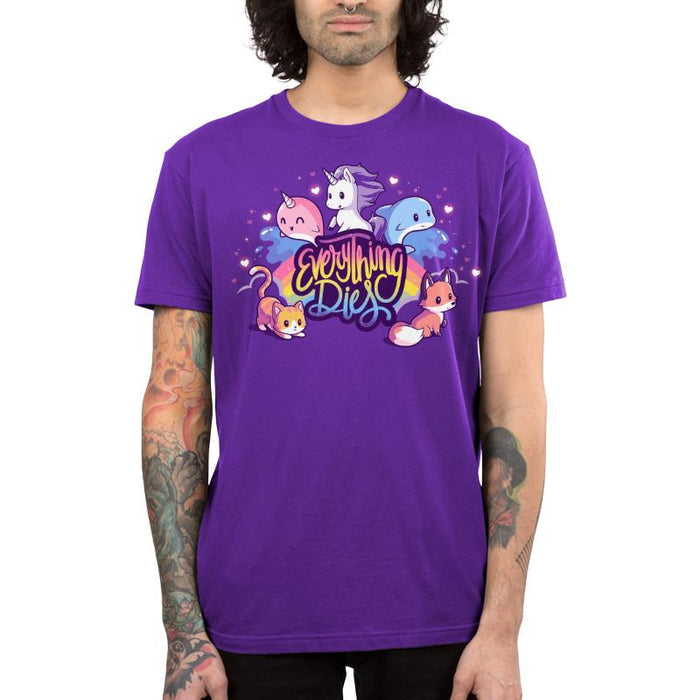 Premium Cotton T-shirt_TeeTurtle purple Everything Dies apparel featuring a rainbow with animals and mythical creatures, text reads "Everything Dies".