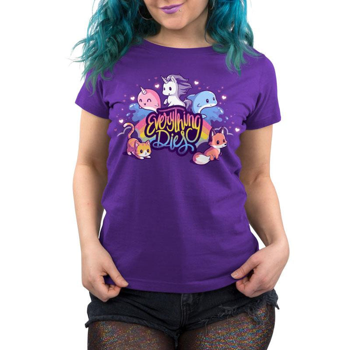 Premium Cotton T-shirt_TeeTurtle purple Everything Dies apparel featuring a rainbow with animals and mythical creatures, text reads "Everything Dies".